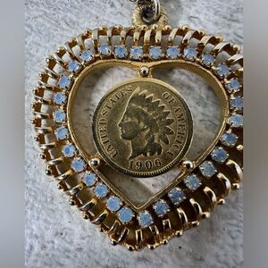 Vintage Indian Head Coin With Heart Rhinestone Setting